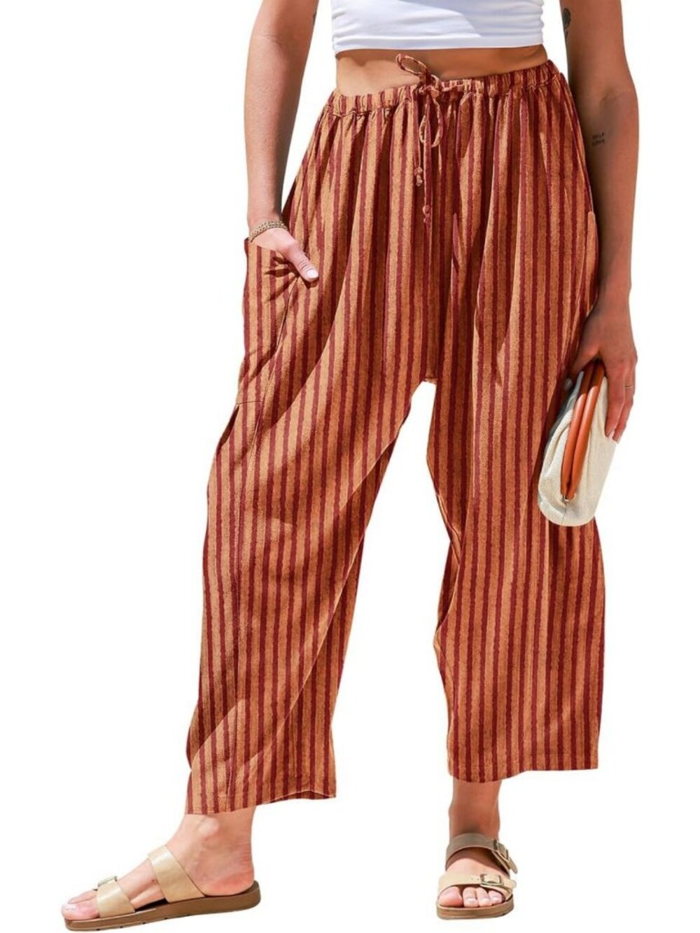 Chic Wide Leg Striped Linen Pants for Women with Pockets - Summer Fashion